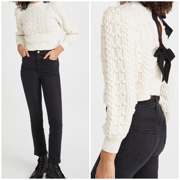 🖤 Alice & Olivia Off-White Puff-Sleeve Kitty Bauble Cable Knit Sweater Cardigan - Picture 2 of 15